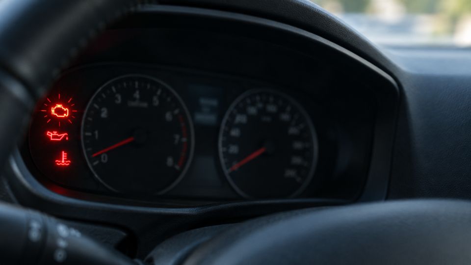 Instrument cluster with the check engine, oil pressure and coolant temperature warning lights lit in red