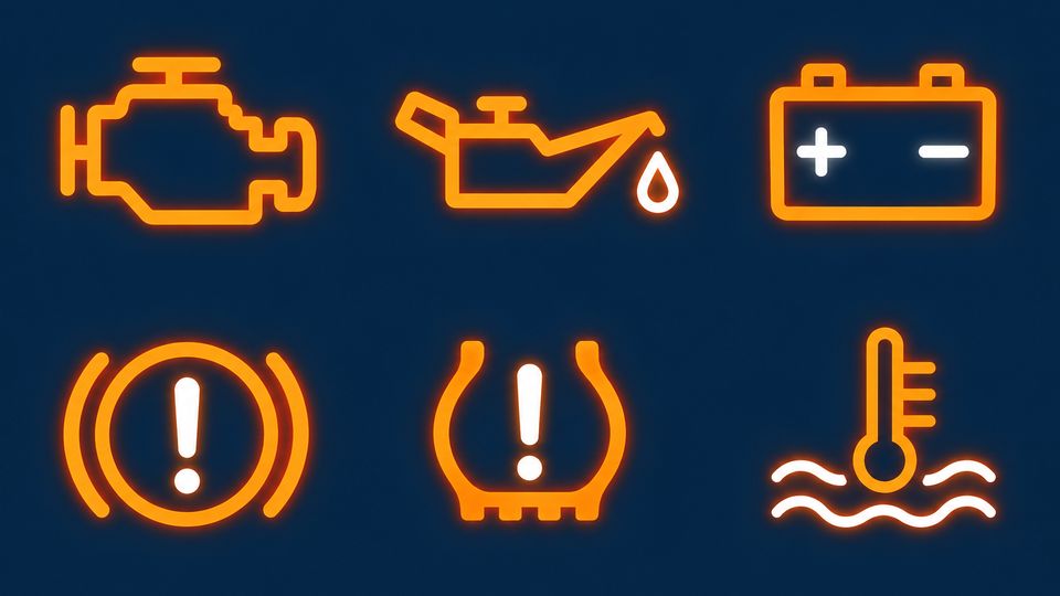 Six common dashboard warning symbols: check engine, oil pressure, battery, brake, tire pressure and coolant temperature