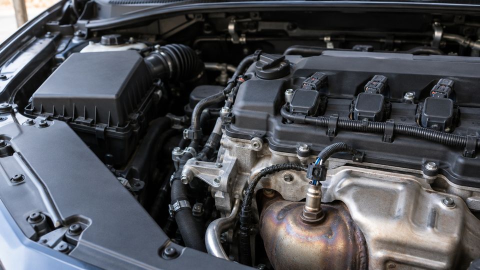 Engine bay with an oxygen sensor threaded into the exhaust manifold