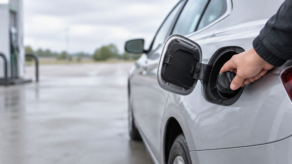 A hand tightening a car’s gas cap at the open fuel door