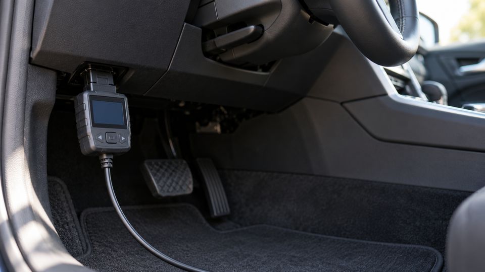 Handheld OBD-II code reader plugged into the port under a car’s dashboard