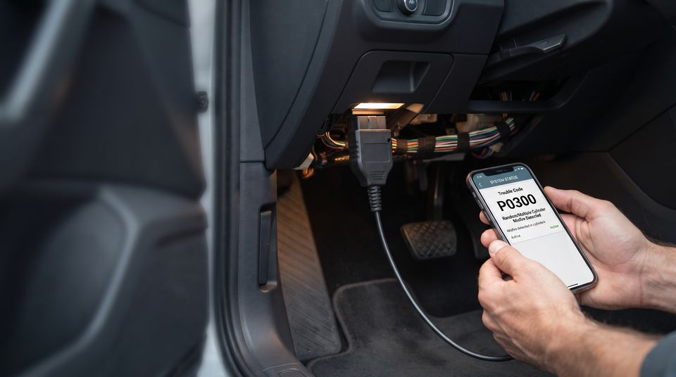 OBD-II adapter plugged in under the dashboard while a phone shows trouble code P0300