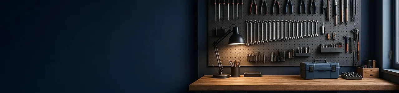 A tidy garage workbench with neatly organized tools on a pegboard