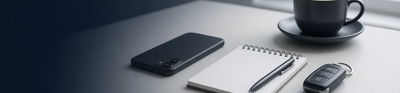 A clean desk with a phone, notepad, pen, car key and coffee