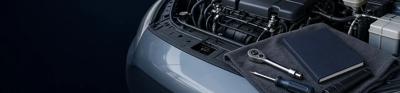 An open car hood with an owner’s manual and hand tools on a cloth