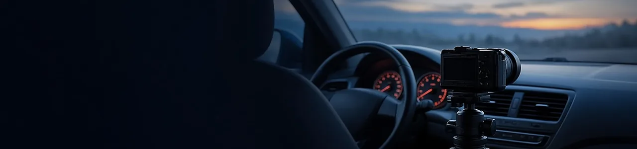 A small camera on a tripod filming a car dashboard at dusk