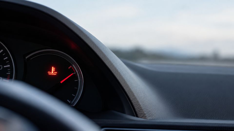 Dashboard gauge with a red coolant temperature warning light on