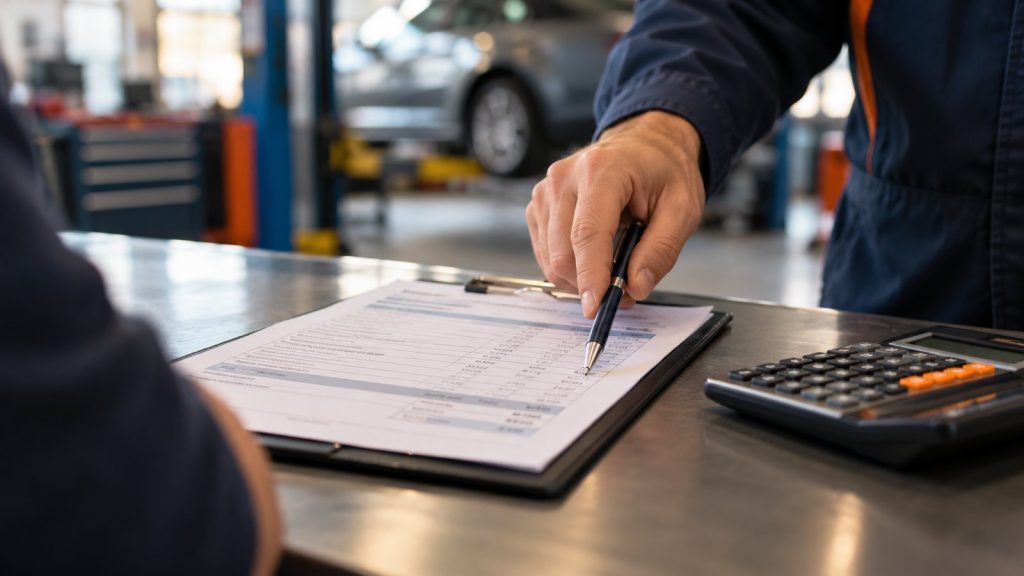 Advisor pointing a pen at an estimate on a clipboard next to a calculator on the counter