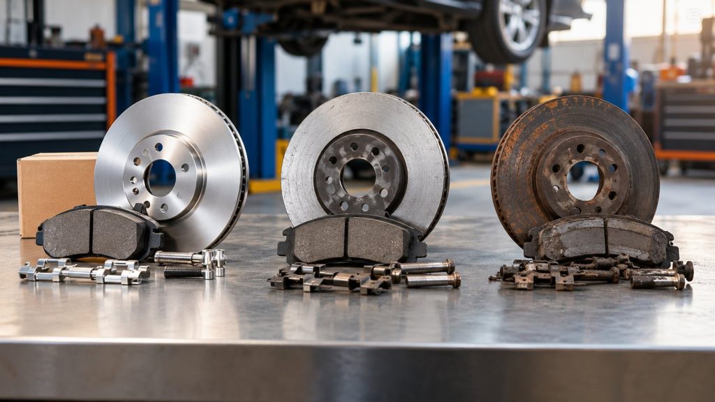 Three brake rotors with pads in a row on a steel bench, from clean to rusty and worn