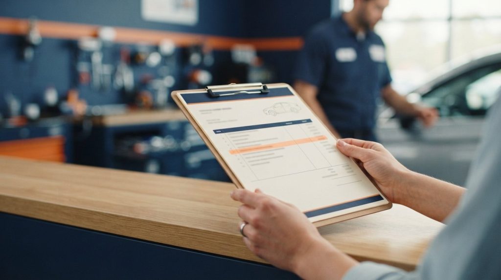 Hands holding a clipboard with an estimate that has one line highlighted in orange, at a wooden counter