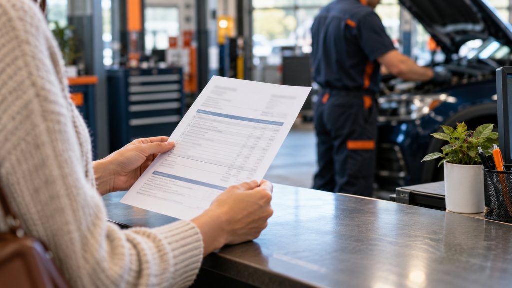 Customer holding a printed estimate at a shop counter while a technician works on a car in the background