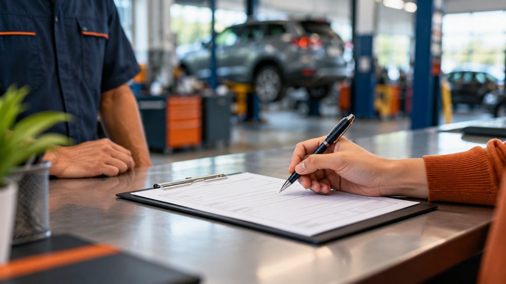Customer signing a form on a clipboard at a service counter while an advisor waits