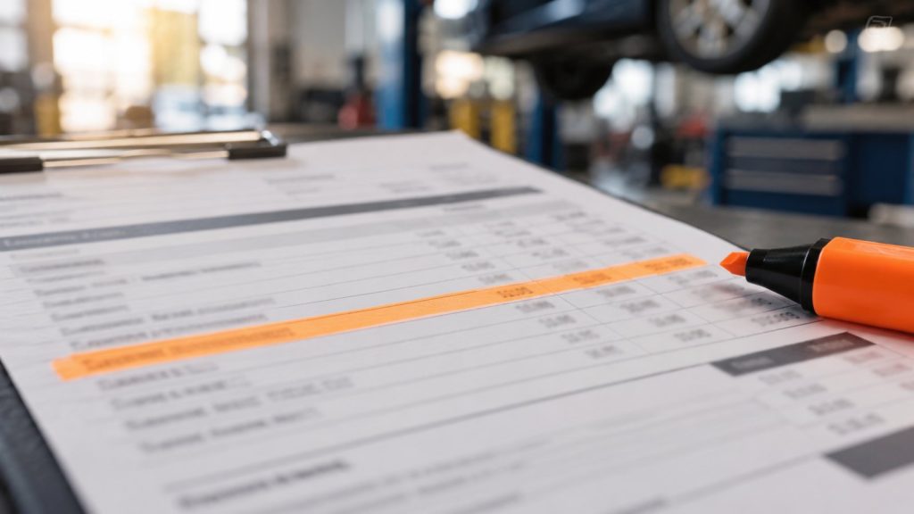 Close view of a printed estimate with one line marked by an orange highlighter