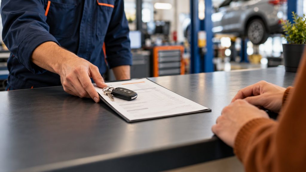 Advisor sliding car keys on top of a clipboard form across a counter toward a customer