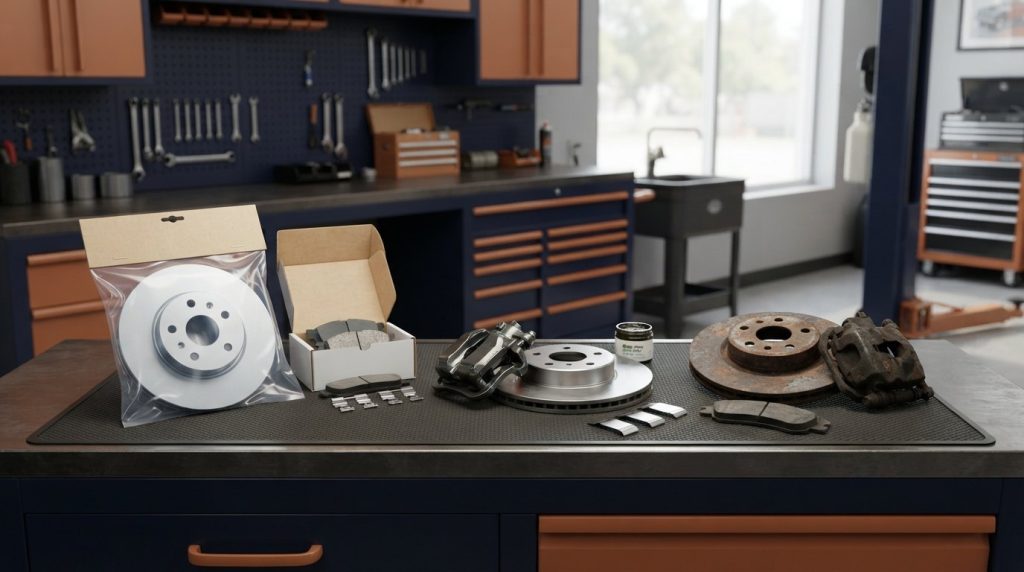 New brake rotor and pads in packaging next to used rotors and calipers on a navy workbench