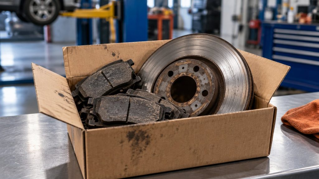 Used brake pads and a worn rotor in a cardboard box on a shop counter