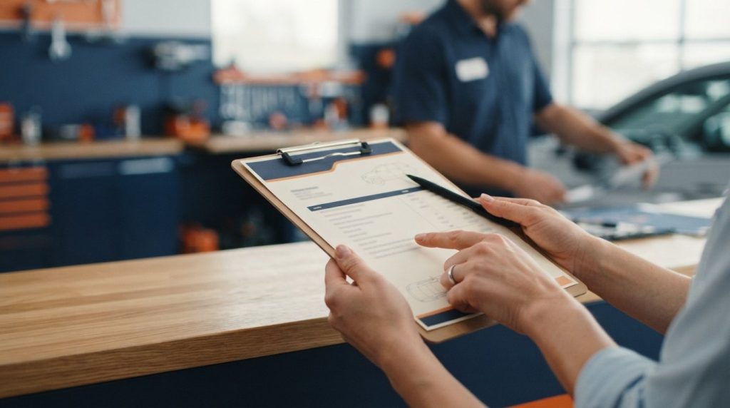 Customer pointing a pen at a line on a clipboard estimate at a wooden counter