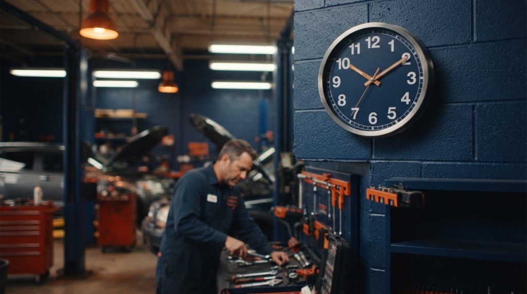 Wall clock on a navy brick wall above a technician at a tool bench