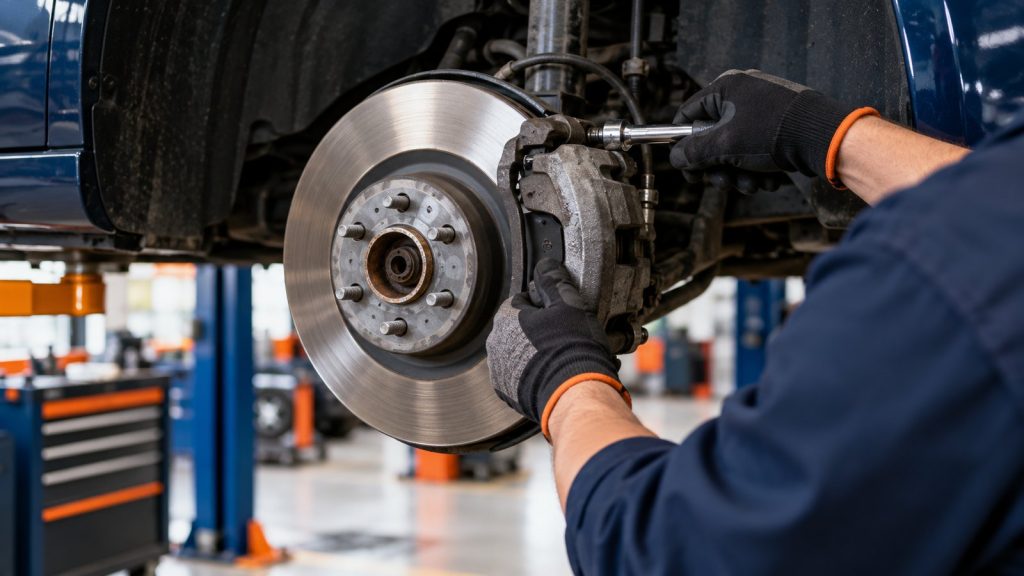 Gloved technician working on a brake caliper and rotor on a car raised on a lift